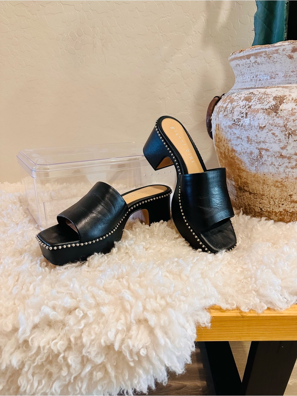 Gianni Bini Black Studded Platform Mules
